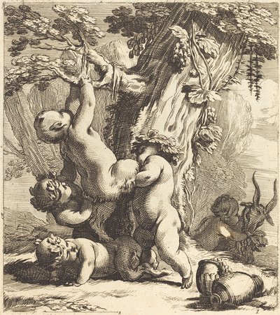 Putti og fauner som klatrer i en vinranke av Michel Dorigny