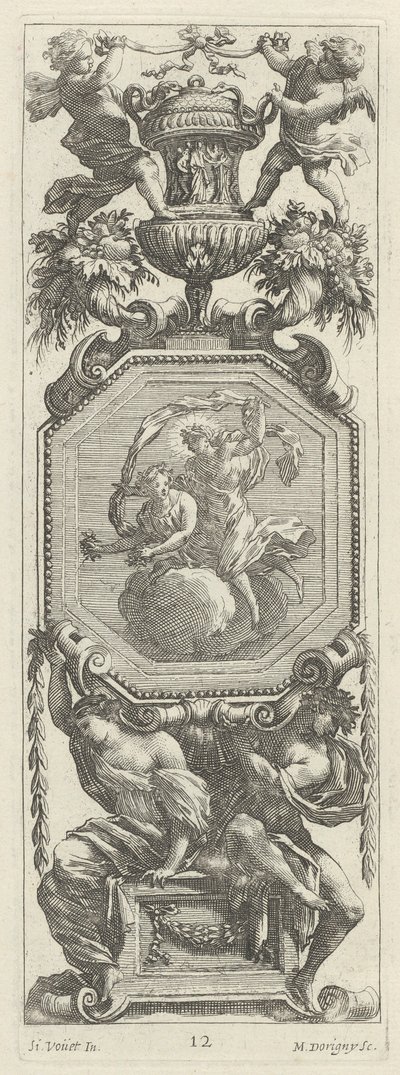 Ornamental panel overbygd av to Putti og en vase av Michel Dorigny, after Simon Vouet