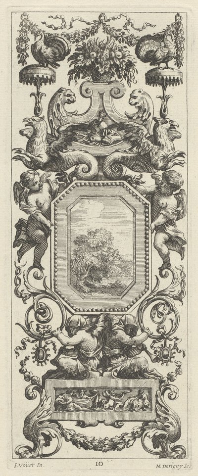 Ornamental panel overbygd av en kurv med blomster og en krans av Michel Dorigny, after Simon Vouet