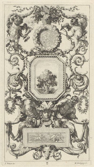 Ornamental panel overbygd av en kurv med blomster med amor og jomfruhinne av Michel Dorigny, after Simon Vouet