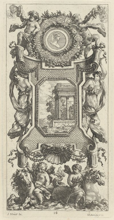 Ornamental panel overbygd av en byste av en kvinne og to putti med flammende trompeter av Michel Dorigny, after Simon Vouet