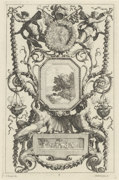 Ornamental panel overbygd av en medaljong med et offer av Michel Dorigny, after Simon Vouet