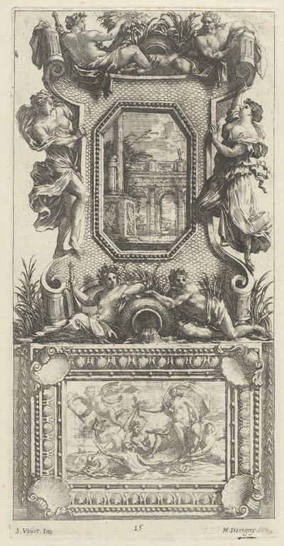 Ornamental panel overbygd av en Naiad og en elvegud av Michel Dorigny, after Simon Vouet
