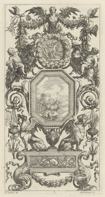 Ornamental panel overbygd av en bevinget harpy av Michel Dorigny, after Simon Vouet