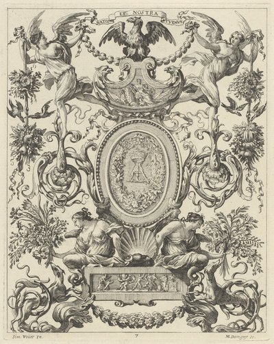 Ornamental panel overbygd av en ørn og mottoet NATOS ET NOSTRA TUEMUR av Michel Dorigny, after Simon Vouet
