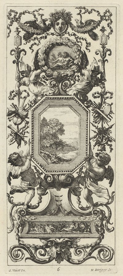 Ornamental panel overbygd av det kronede hodet til en kvinne og to påfugler av Michel Dorigny, after Simon Vouet