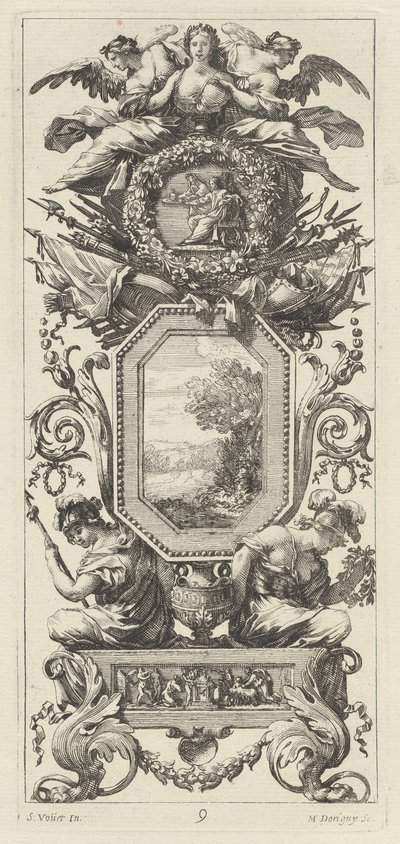 Ornamental panel overbygd med to figurer som lener seg på bysten til en kvinne av Michel Dorigny, after Simon Vouet