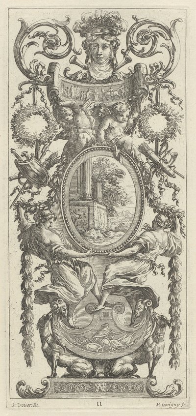 Ornamental panel overbygd med et hode flankert av løvverk av Michel Dorigny, after Simon Vouet