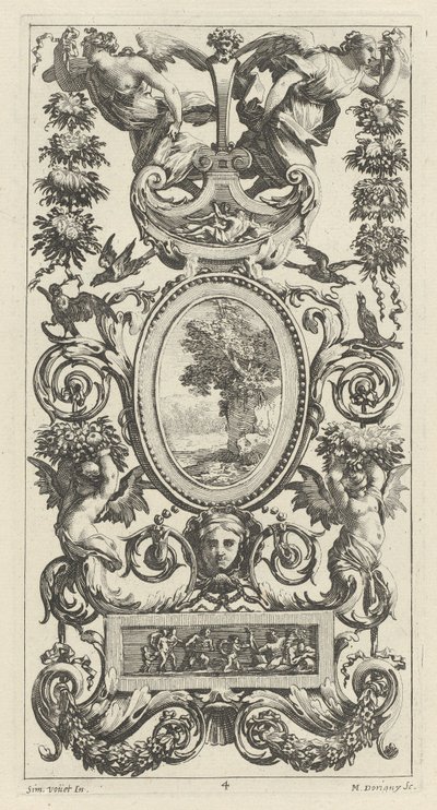 Ornamental panel med pan og to kransbærende kvinner av Michel Dorigny, after Simon Vouet