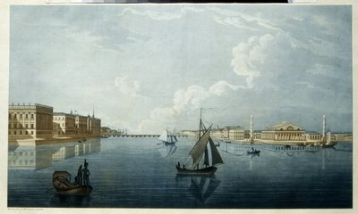 Børsen og Marmorpalasset i St. Petersburg. Beskrivelse av bredden av Neva. Verk av Michel Francois Damam Demartrait (1763-1827), litografi, setting av Michel Francois Damam Demartrait