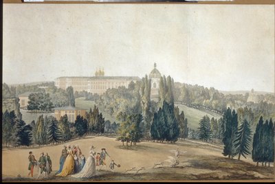 Utsikt over Tsarkoye Selo (Sankt Petersburg). Promenaden til keiserinne Katarina II (1729-1796). (Utsikt over Tsarkoye Selo. Keiserinne Catherine II går). Verk av Michel Francois Damam Demartrait (1763-1827), gravering og akvarell. Fransk kunst av Michel Francois Damam Demartrait