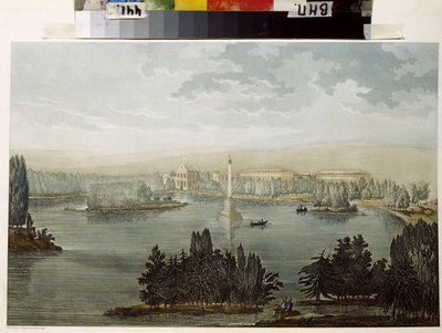 Utsikt over Tsarskoye Selo. Chesme-spalten. (Utsikt over Tsarskoye Selo. Chesme-søylen). Verk av Michel Francois Damam Damartrait (1763-1827), gravering farget med akvarell av Michel Francois Damam Demartrait