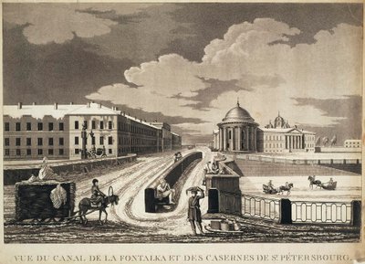 Utsikt over Izmailovsky-broen og brakker over Fontanka-elven, sent på 1700-tallet. av Michel François Damame Demartrais