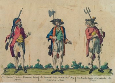 En fransk postbetjent uten bukser, en Marsili i Freikorps uten bukser, og en Bankrutirter fiskehandler uten bukser, 1793 (farget etsning) av Michel Hennin
