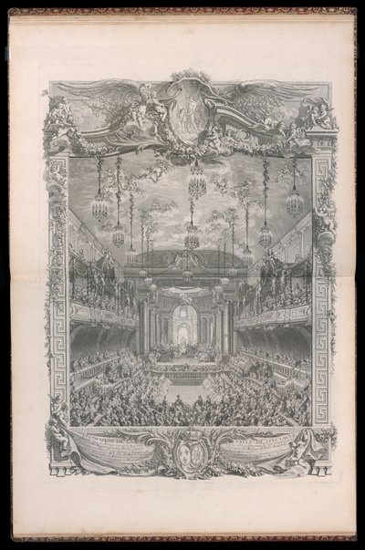 Utsmykning av auditoriet, bygget i den overbygde rideskolen i den store stallen i Versailles, for fremføringen av prinsessen av Navarra Komedieballetten, gitt i anledning ekteskapet til Louis Dauphin av Frankrike med Marie Thérèse Infante d. av Michel de Bonneval