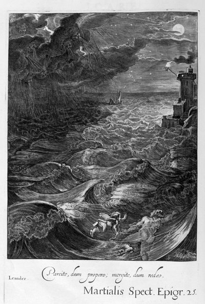 Leander svømmer over Hellespont for å møte sin elskerinnehelt, 1655 av Michel de Marolles