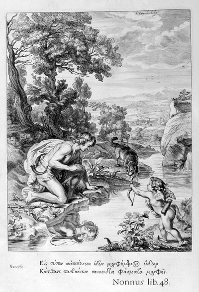 Narcissus forelsket i sin egen refleksjon, 1655 av Michel de Marolles