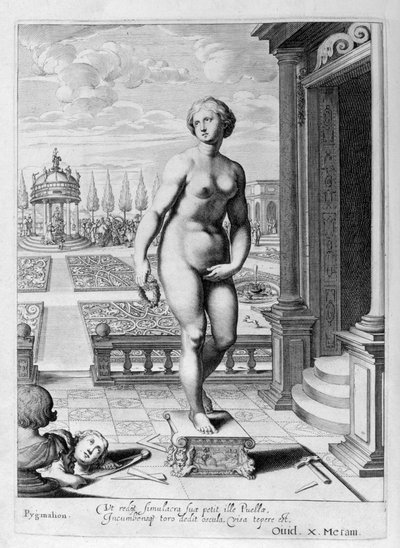 Pygmalion er forelsket i en statue han har laget, 1655 av Michel de Marolles