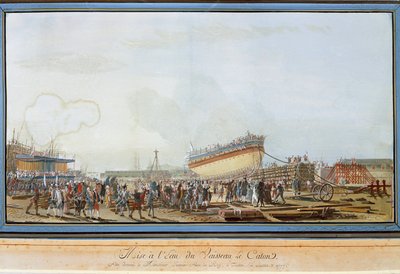 Lanseringen av skipet Le Caton i havnen i Toulon i nærvær av greven av Provence i juli 1777 (Gouache av Michel de Toulon