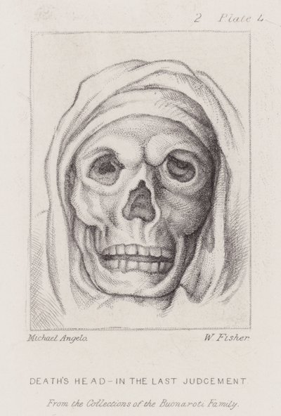 Dødens hode, i den siste dommen (radering) av Michelangelo (after) Buonarroti
