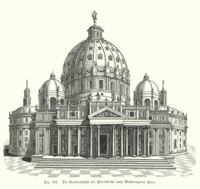 Utsikt over Michelangelos design for fasaden til Peterskirken, Roma, Italia (gravering) av Michelangelo (after) Buonarroti