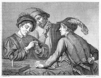 Jukserne. Gravering fra 1800-tallet som viser arbeidet til Caravaggio (il Caravaggio) rundt 1596. av Michelangelo (after) Caravaggio