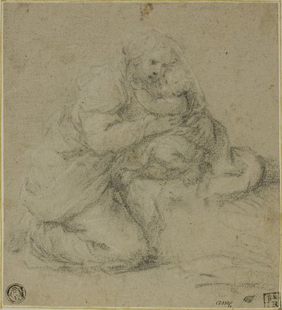 Knelende mor omfavner barnet av Michelangelo Anselmi