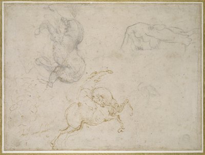 A Horseman lader og andre studier (penn og brunt blekk med og over svart kritt på off-white papir) av Michelangelo Buonarroti