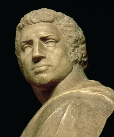 Brutus, detalj av hodet fra byste av Michelangelo Buonarroti 1475-1564, ca. 1539-40 marmordetalj av 79848 av Michelangelo Buonarroti