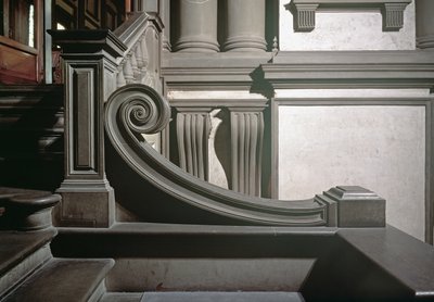Inngangsparti, detalj av trappen designet av Michelangelo i 1524-34 og fullført i 1559 av Bartolomeo Ammannati 1511-92 foto av Michelangelo Buonarroti