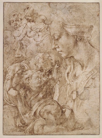 "Studier for en hellig familie med døperen Johannes som barn" (Studier for en hellig familie med døperen Johannes som barn) Tegning av Michelangelo Buonarroti (1475-1564) - 1505 - Penn, pensel, indisk blekk på papir Dim 28, 7x20 ,9 cm Staatliche Museen, Be av Michelangelo Buonarroti