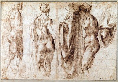 Gruppe på fire stående figurer og en drapere Tegning i pennen til Michelangelo Buonarroti dit Michelangelo (Michelangelo eller Michel Ange av Michelangelo Buonarroti