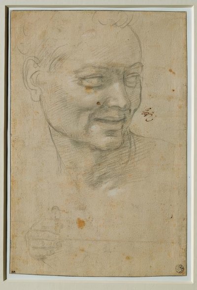 Hodet og høyre hånd til Ignudo over og til venstre for Jesaja av Michelangelo Buonarroti
