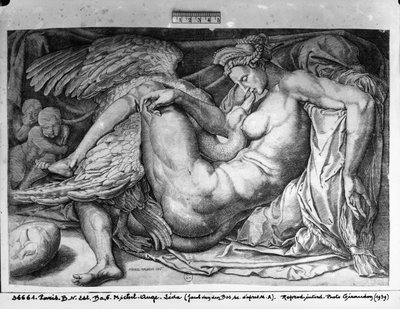 Leda, gravert av Jacobus Bos, Boss eller Bossius (f.c.1520) av Michelangelo Buonarroti
