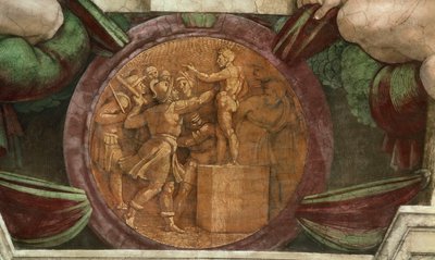 Medaljong representerer ødeleggelsen av statuen av Gud Baal..., 1508-1512. av Michelangelo Buonarroti