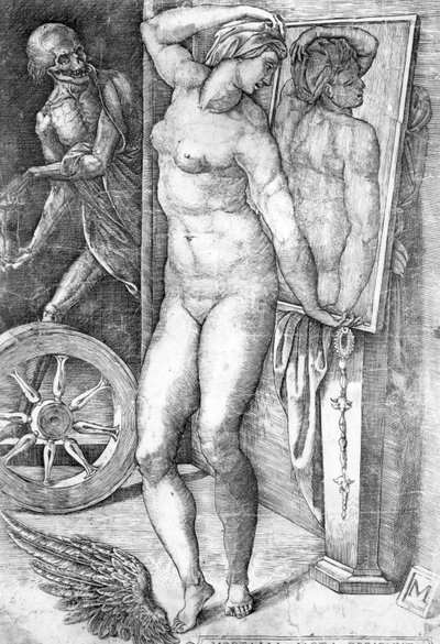 Naken ser på seg selv i et speil, trykk laget av Monogrammist av Michelangelo Buonarroti