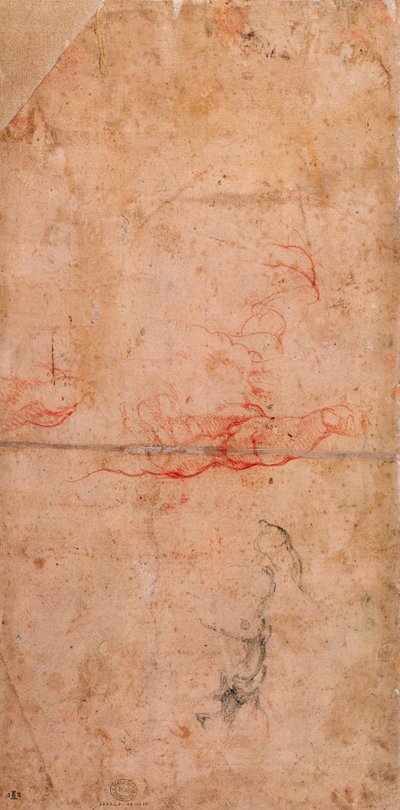 Forberedende studie for straffen til Haman (rødt kritt og kull på papir) (verso) av Michelangelo Buonarroti