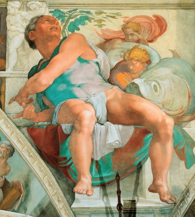 Prophets and Sibyls: Jonah Sistine Chapel ceiling in the Vatican, 1508-1512.    1138008   no       norwegian Successfully Translated  Original: Hat Translat: Hat 1220651 no norwegian Successfully Translated Original: A Wooded Valley with Rocky Cliffs Trans av Michelangelo Buonarroti