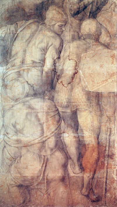 Soldater, av Michelangelo (1475-1564), forberedende tegneserie (undermaling) for freskomaleri av korsfestelsen av St. Peter laget i Pauline Chapel i Vatikanpalasset av Michelangelo Buonarroti