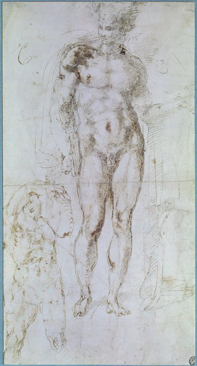 Studie for Apollo (tidligere Mercury) stående naken med en kappe drapert over skuldrene og figuren av en mann som bærer en byrde av Michelangelo Buonarroti
