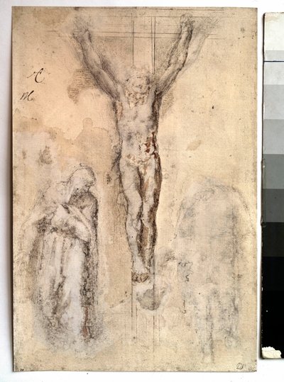 Studer for en korsfestelse Representasjon av Kristus på korset med jomfruen og den hellige Johannes. Tegning av Michelangelo Buonarroti dit Michelangelo (Michelangelo eller Michel Ange av Michelangelo Buonarroti
