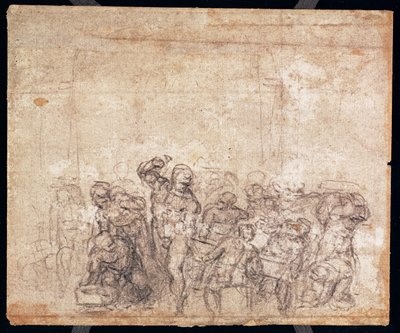 Studie av figurer for en narrativ scene (svart kritt på papir) (verso) (for recto se 191777) (se også 191767) av Michelangelo Buonarroti