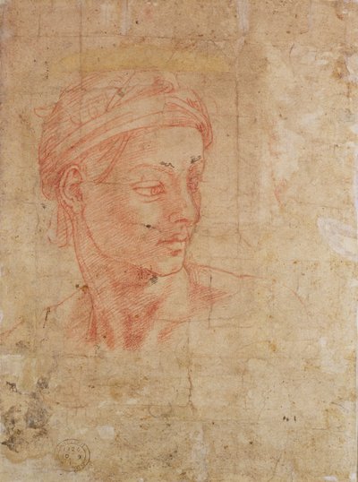 Studie av et hode (rødt kritt på papir) av Michelangelo Buonarroti