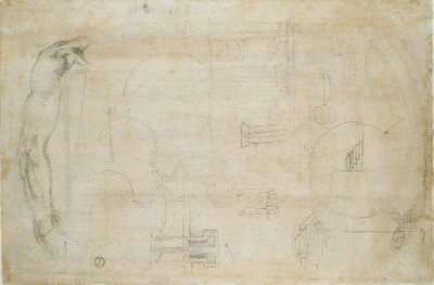 Studie av en manns arm og noen arkitektoniske skisser, c1490-1560 av Michelangelo Buonarroti
