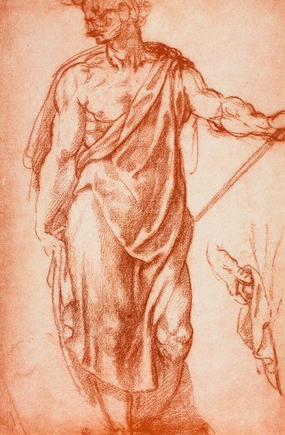 Studie av en drapert viril figur; tegning av Leonardo da Vinci. Cabinet of Drawings and Prints, Uffizi Gallery, Firenze av Michelangelo Buonarroti