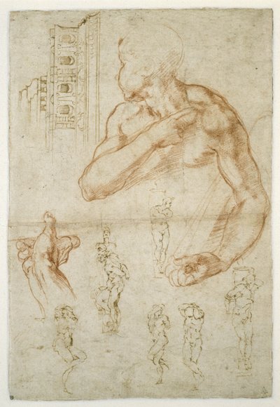Studie av den assisterende figuren til den libyske sibylen, ca. 1512 (rødt kritt og penn på papir) av Michelangelo Buonarroti