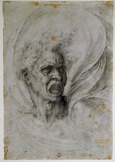 Studerer hodet til en skrikende mann. Tegning av Michelangelo Buonarroti kjent som Michel Ange eller Michelangelo eller Michelangelo (1475-1564). Firenze, Uffizi-museet (Firenze, avdeling for trykk og tegninger av Uffizi). av Michelangelo Buonarroti