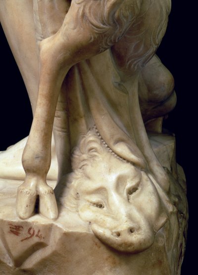 The Drunkenness of Bacchus, detalj av et panterhode, skulptur av Michelangelo Buonarroti 1475-1564, 1496-97 marmordetalj av 52672 av Michelangelo Buonarroti