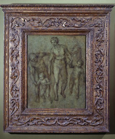 Den hellige familie med døperen Johannes, ca. 1540 (pensel og brun vask på panel) av Michelangelo Buonarroti