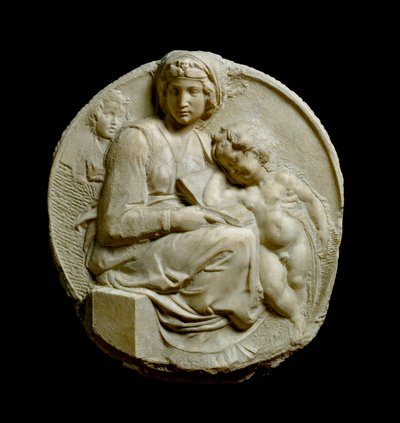 Jomfru og barn med døperen Johannes Madonna Pitti eller Tondo Pitti. Pregede marmorstrømper av Michelangelo Buonarroti av Michelangelo Buonarroti